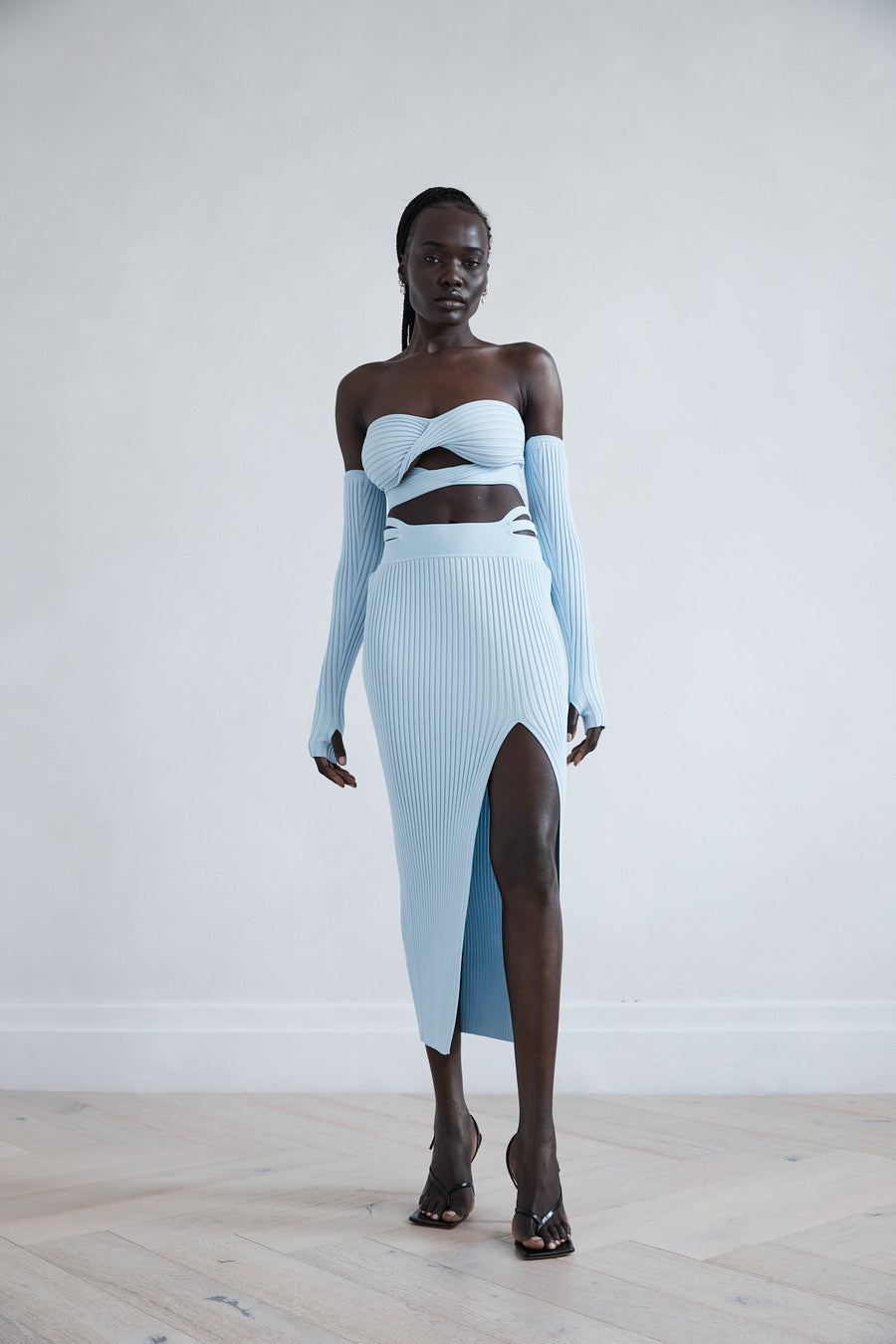 San Sloane Grant Rib Knit Skirt Pale Blue